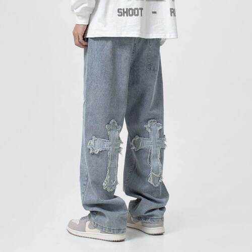 Men Trousers Cross Denim Pants Streetwear HipHop Baggy Jeans