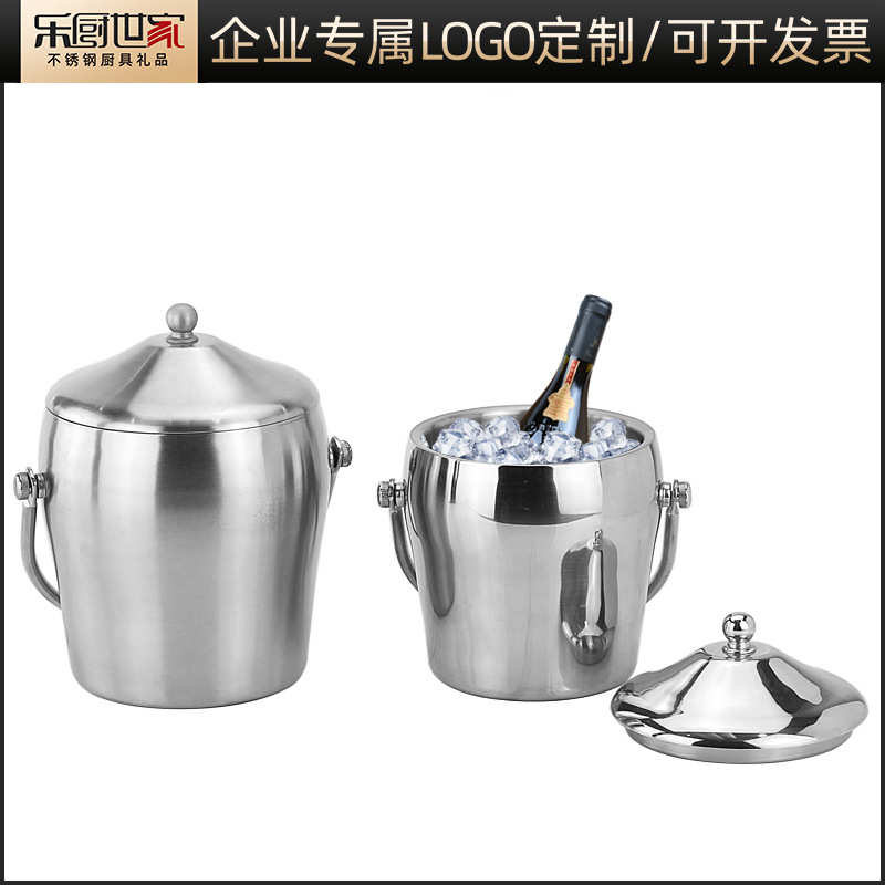 批发不锈钢双层冰桶加厚带盖手提冰粒桶保温保冷香槟桶双耳鼓形