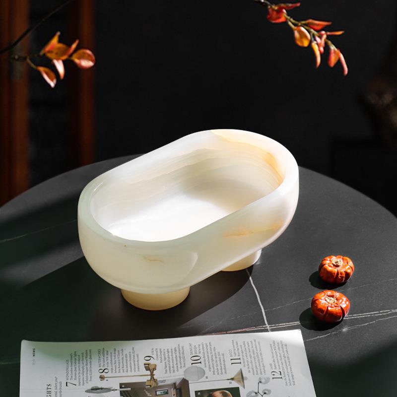 北欧轻奢高档大理石白玉摆件设计师样板房饰品餐厅果盘桌面收纳盘