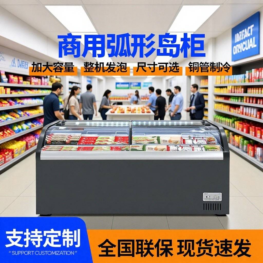 跨境保鲜弧形岛柜冷冻柜冰柜商用冰箱冷冷藏卧式玻璃门两用