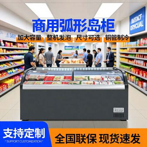 跨境保鲜弧形岛柜冷冻柜冰柜商用冰箱冷冷藏卧式玻璃门两用