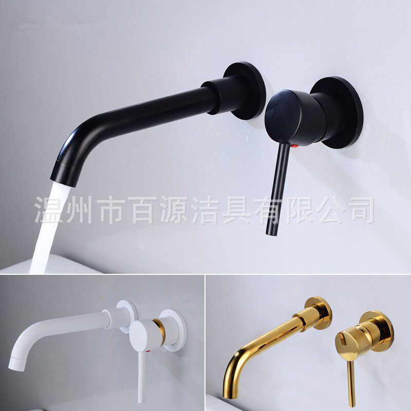 欧式埋墙暗装冷热面盆水龙头入墙双孔两件套仿古黑色枪灰洗脸盆龙