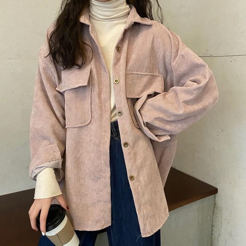 极速灯芯绒衬衫女春秋欧货小衫学生条绒上衣藕粉色中长款叠穿衬衣
