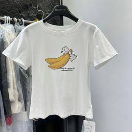 韩系减龄香蕉图案印花圆领短袖棉T恤女夏季圆领宽松休闲简约上衣