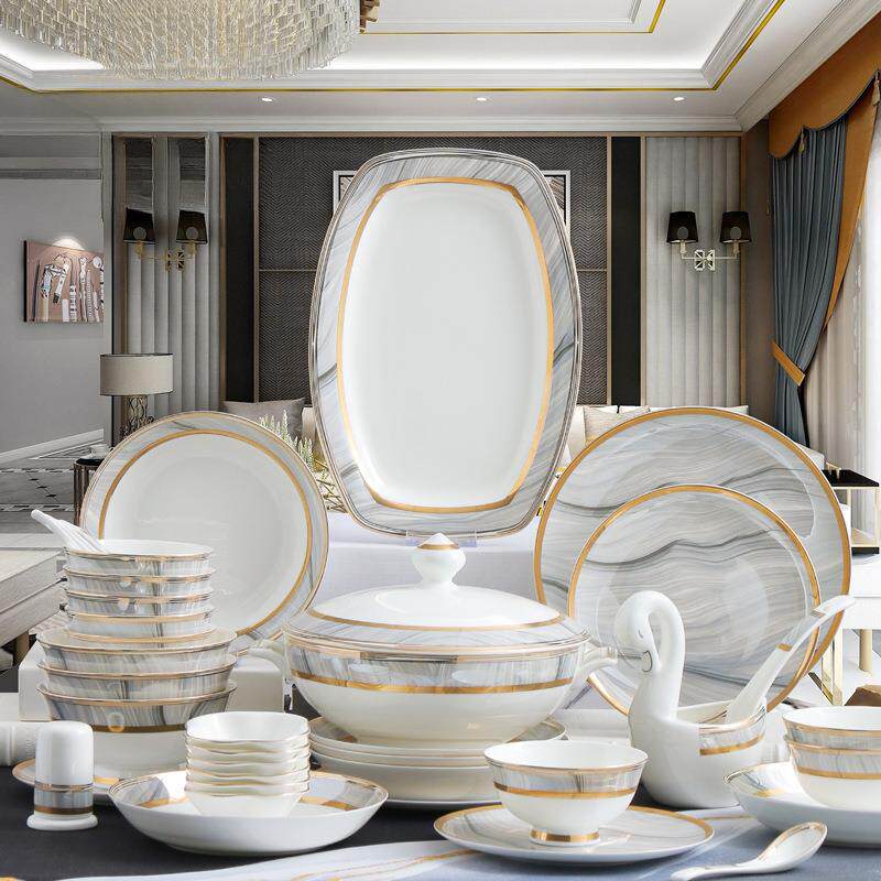 餐具套装碗盘家用轻奢金边60头新款碗碟10人碗筷套装骨瓷餐具套餐