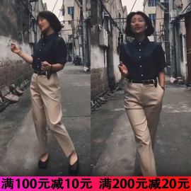 抖音茜爷同款黑色短袖衬衫卡其色裤子直筒九分裤女OL夏季chic