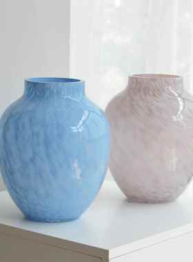 蓝色云雾玻璃花瓶轻奢客厅摆件小众感中古风复古水培琉璃花器