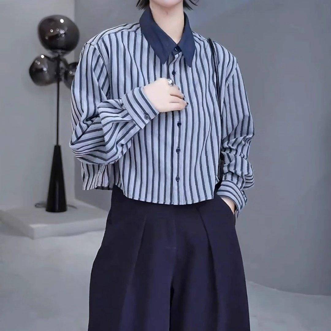 新品2026春秋新款气质蓝色条纹翻领长袖衬衫女时髦宽松短款高级感