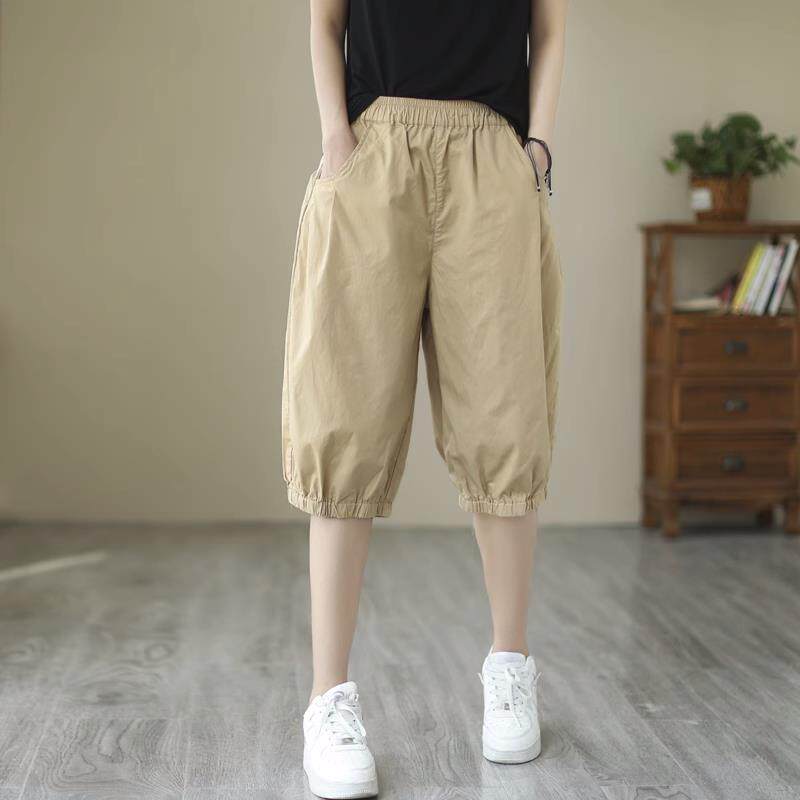 潮牌新款简约休闲束脚直筒哈伦裤女夏季松紧腰宽松阔腿五分灯笼裤