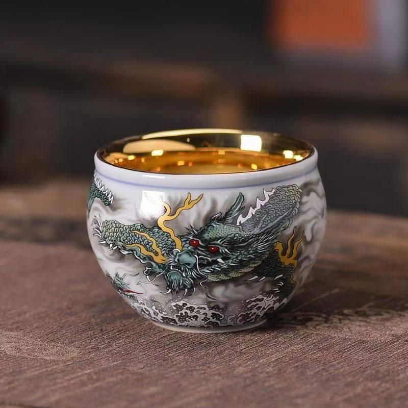 景德镇24k鎏金青龙茶杯主人杯高档个人专用单杯珐瑯彩茶具主人杯