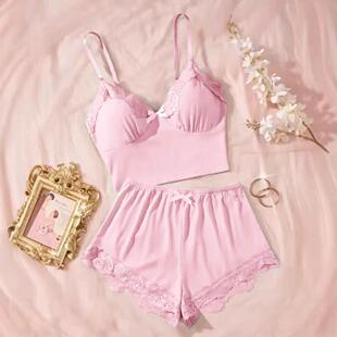 womens solid color lace trim cami top shorts pyjama twopiece