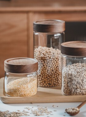 直径10cm大号杂粮咖啡豆螺纹储物罐相思木盖玻璃茶叶密封罐泡酒罐