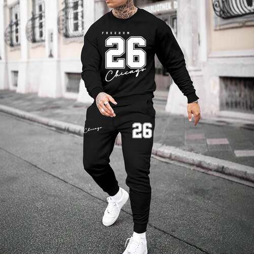 Men's Autumn-Winter Loose Letter Print Hooded Two-Piece Set