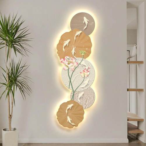 走中179022花鱼图玄关装饰画新式廊荷尽头装饰led灯画客厅正对门