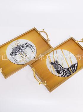 轻奢简约桌面收纳托盘高档橙色玻璃茶盘客厅茶几餐桌样板房装饰品