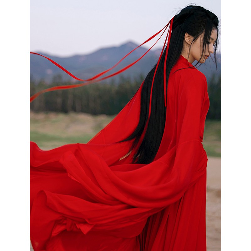 红色成人汉服女仙气飘逸款魏晋武侠古装中国风古典舞蹈古风演出服图片