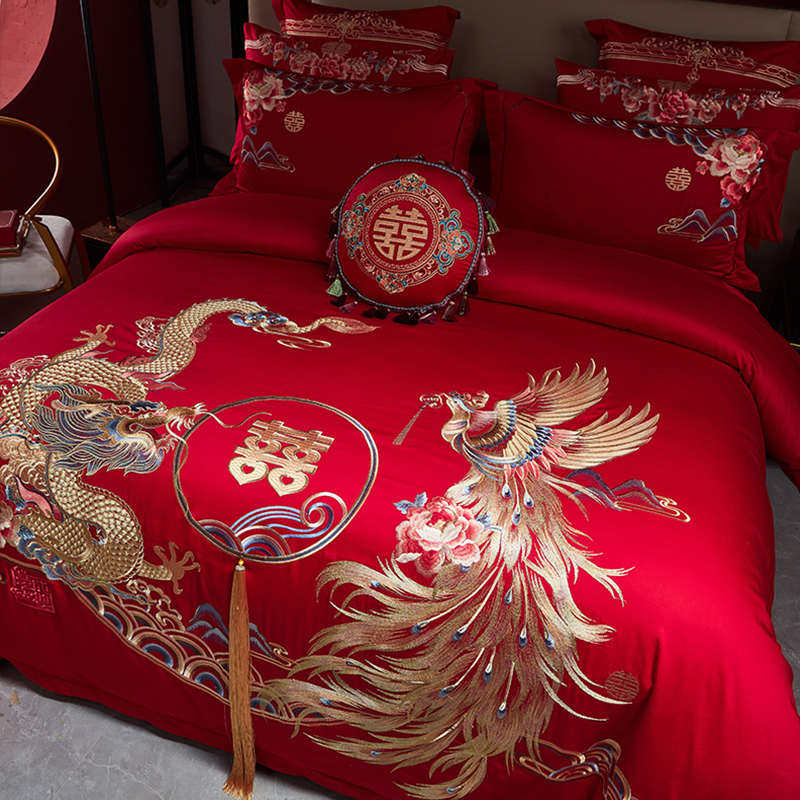 高档婚庆140支全棉四件套龙凤刺绣纯棉被套结婚红色床单喜字床品4,床上用品,婚庆床品套件,淘宝优惠券,粉丝福利购,淘宝优惠卷