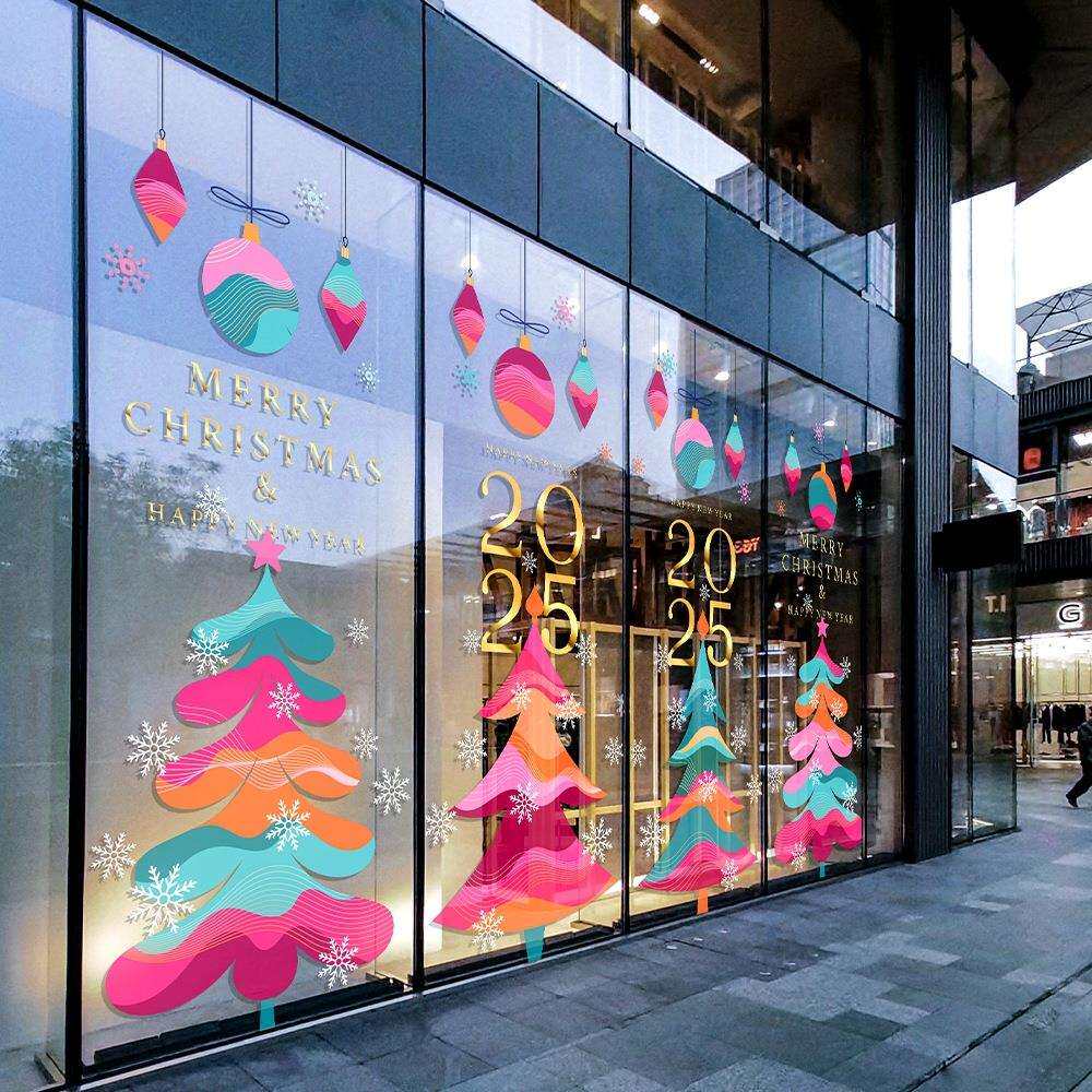 抽象彩色圣诞树玻璃门贴纸2026新年餐厅4S店雪花吊饰装饰场景布置