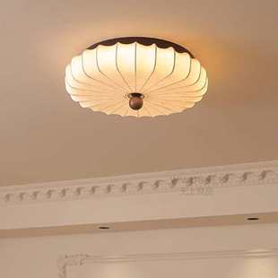 侘寂风胡桃木吸顶灯客厅实木超薄吸顶灯法式 中古花纹布艺卧室灯具