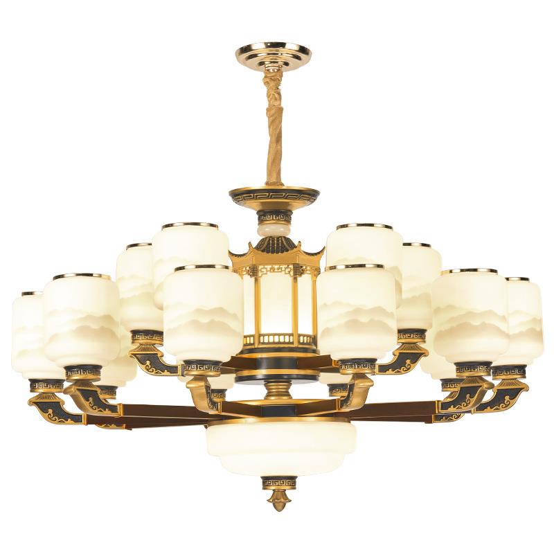 新中式客厅吊灯新款中国风卧室餐厅灯别墅复式楼铜色实木书房灯具