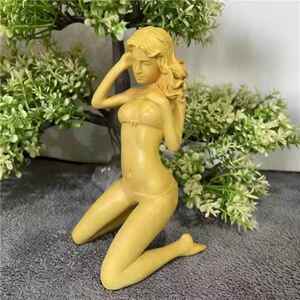 黄杨木半跪女家把居装收藏手件汽美车摆件工饰艺品