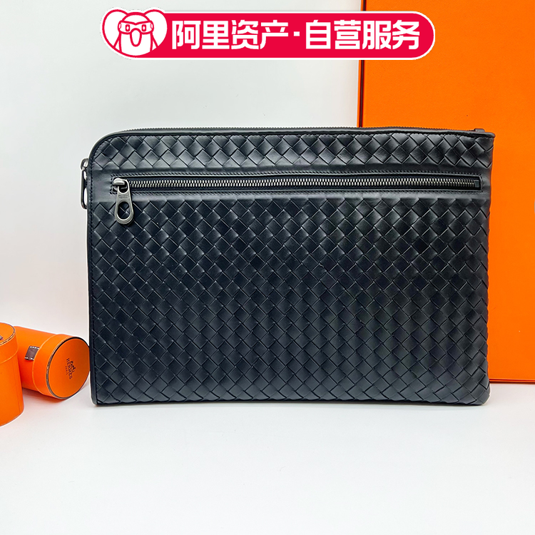 99新 BV/葆蝶家黑色牛皮编织男士手拿包