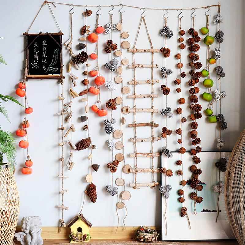 桦木梯子挂件木棒棒松果挂饰挂串橱窗装饰艺术摆件带霜仿真柿子串
