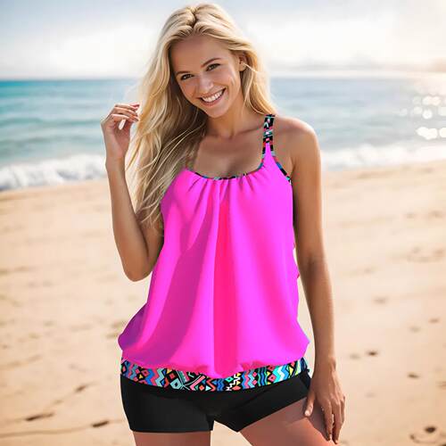 Large size split swimsuit with flat corner skirt style