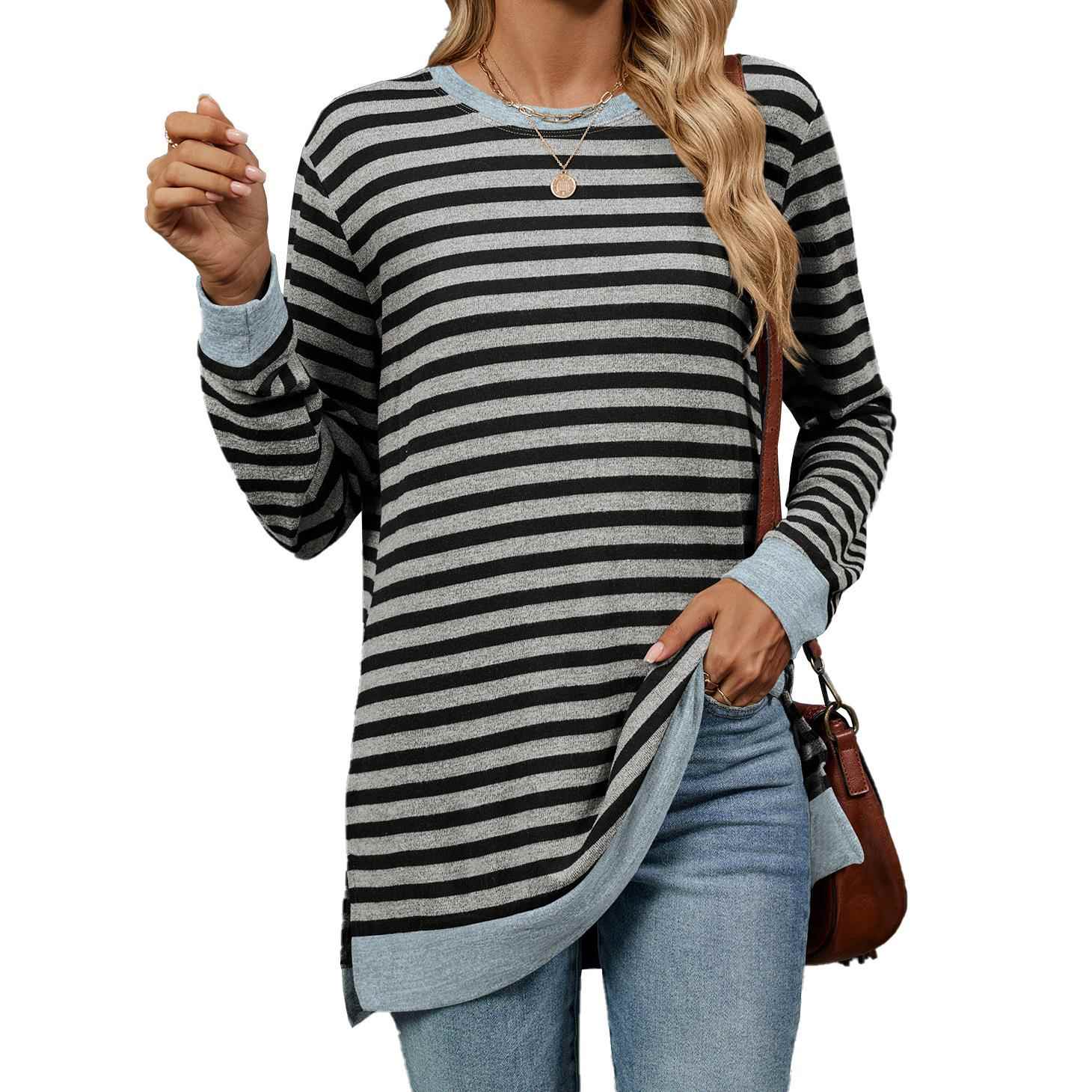 contrast top color neck sleeve T-shirt round women Striped