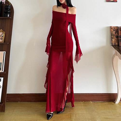 Women's one-piece collar long sleeved slit dress