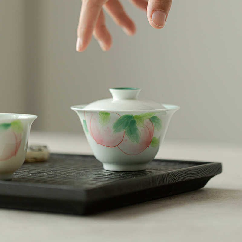 手绘玉泥盖碗釉下彩蜜桃松石绿泡茶器家用高档功夫茶具陶瓷敬茶碗