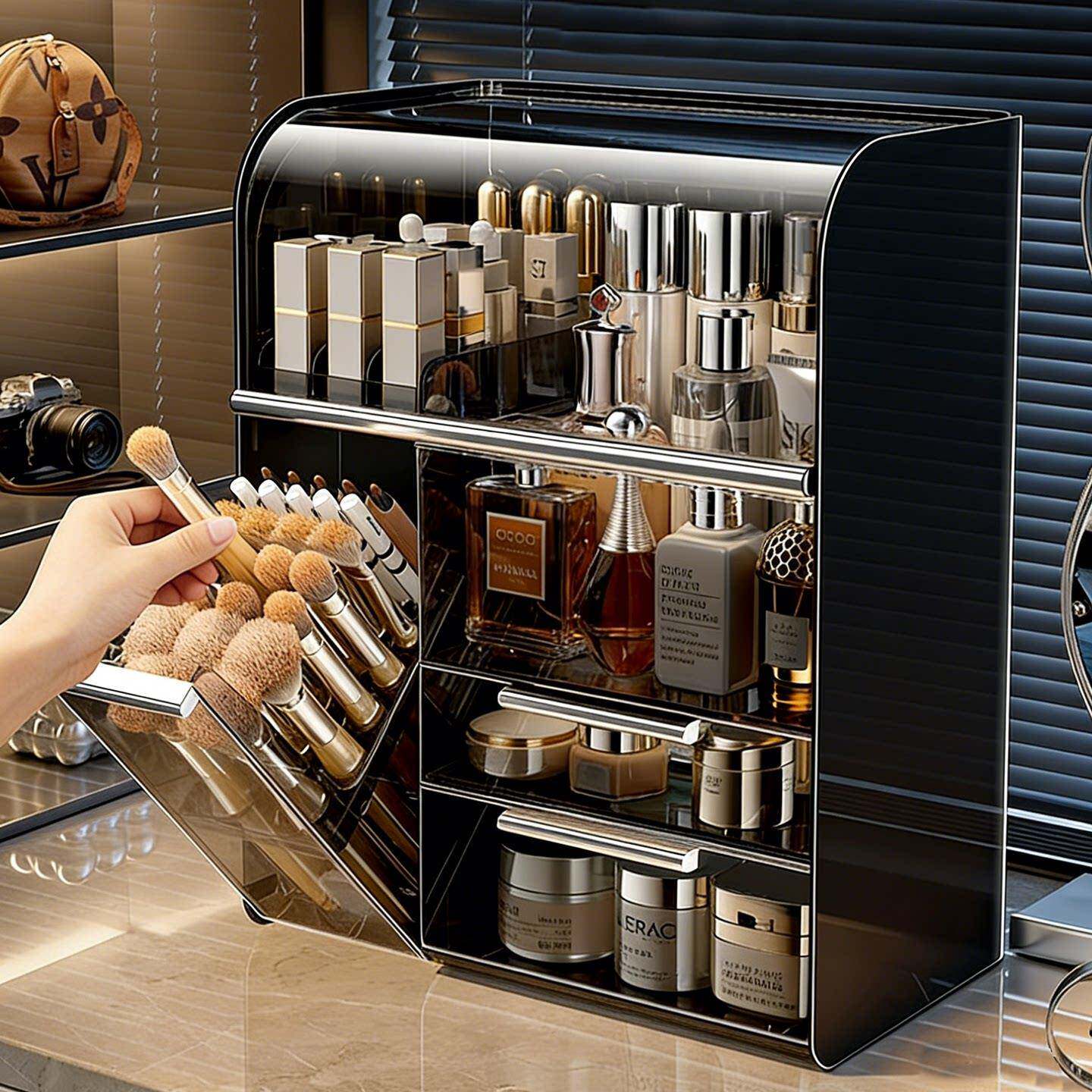 日本化妆品收纳盒防尘梳妆台护肤品整理箱口红香水化妆刷置物盒柜