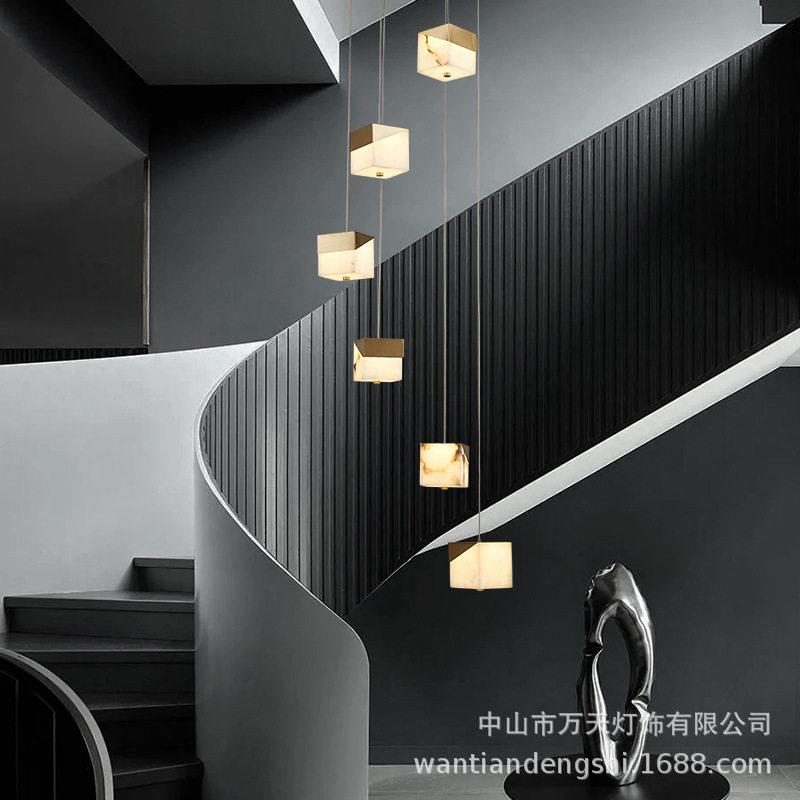 现简约新中式复式楼旋转141楼中空长吊灯全云石创吧梯台铜意灯具