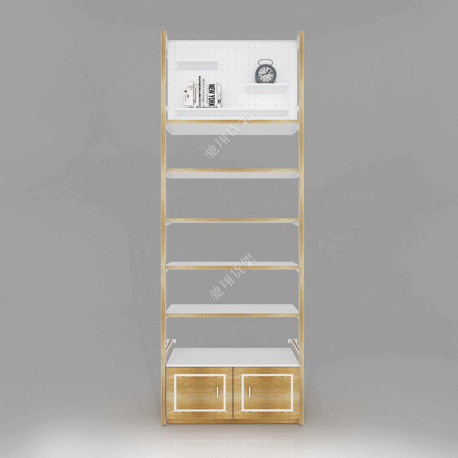 名品店货架白色镶嵌新木纹色双面钢木架 单柱边柜陈列商品置物架