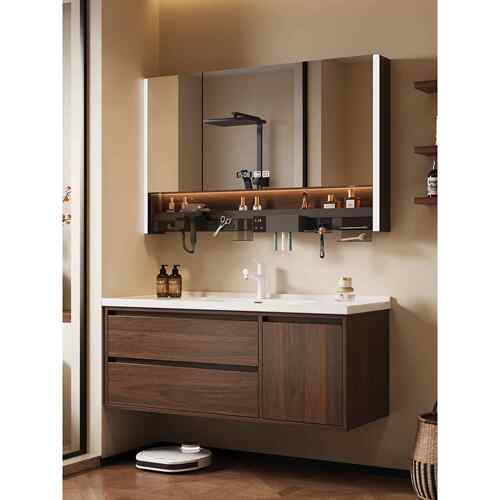 中古风浴室柜陶瓷一体盆智能洗漱台洗手池台盆洗脸盆柜组合挂墙式