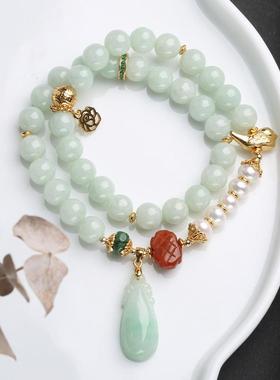 天然双层翡翠手链搭配小鸟如意吊坠翡翠珍珠拼接式中国结南红手串