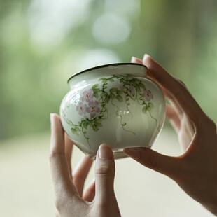 墨己小苍翠手绘陶瓷建水茶道配件牵牛花废水缸家用茶席摆件水盂
