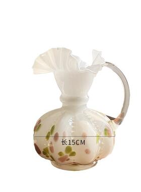 中古fenton芬顿花瓶褶皱花边白色单耳玻璃客厅水养插花器摆件