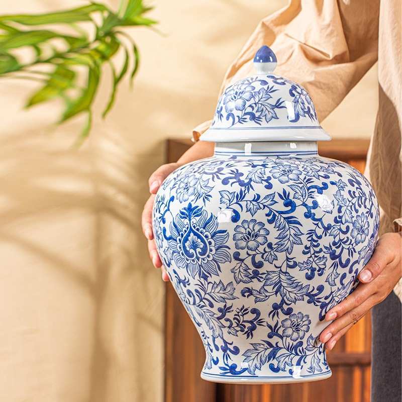 景德镇青花瓷圆柱罐高温釉下彩陶瓷圆柱罐装饰摆件可水培插花花瓶