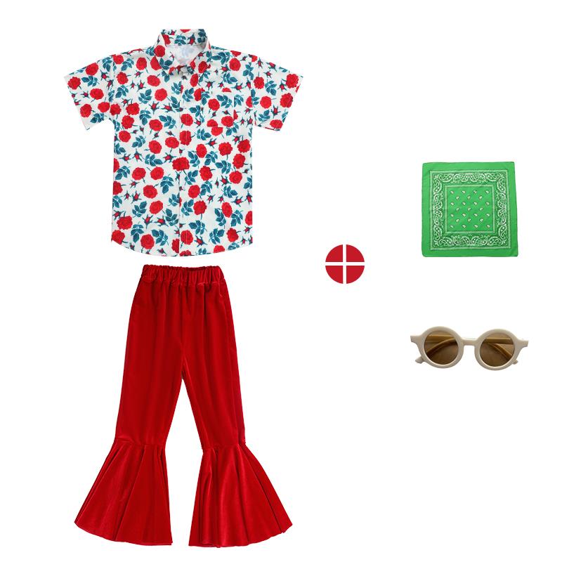 高档儿童啦啦舞队演出服复怀古港风喇叭裤表8演走秀0年代旧花衬衫