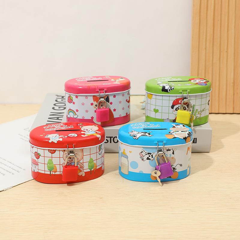 卡通椭圆马口铁储蓄罐儿童带锁零钱收纳存钱罐家居礼品包装盒跨境