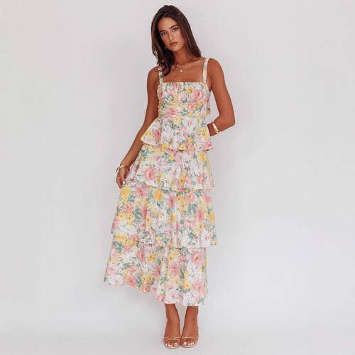 Women 2025Summer Boho Floral Maxi Dress Spaghetti Strap Deep