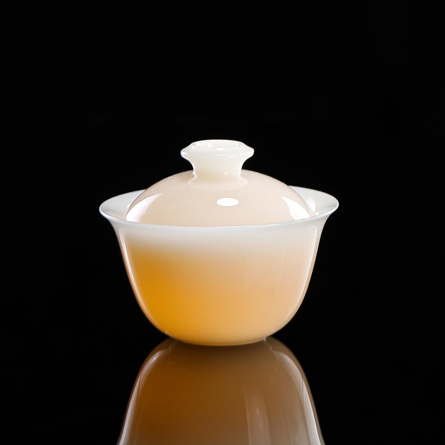 羊脂玉冰种玉瓷盖碗二才茶杯防烫白瓷功夫家用高档茶具薄胎敬茶碗