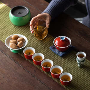 手绘松针翠绿中式高足壶承托盘陶瓷家用小点心盘水果零食茶道配件