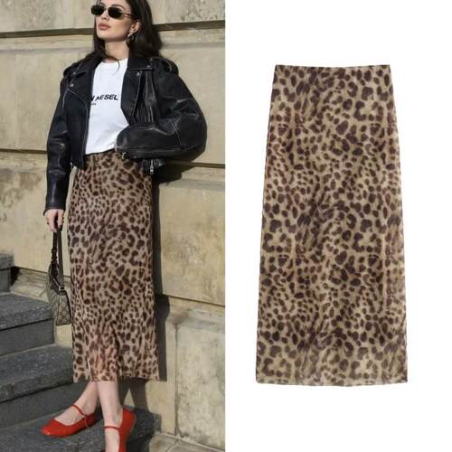 Women's Sexy High Waist Leopard Print Midi Skirt