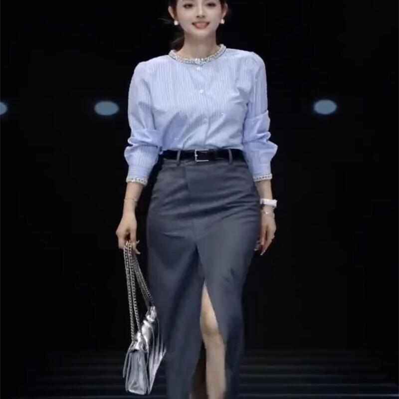 网红新款时尚通勤两件套裙女2024秋新款钉珠条纹衬衫+显瘦半裙
