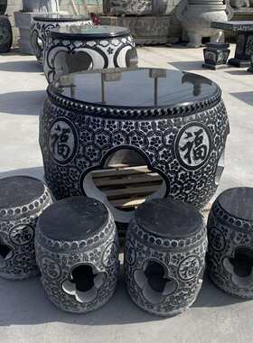 中式青石圆桌大理石圆鼓石桌牡丹花石雕桌子带四个石凳子厂家优惠