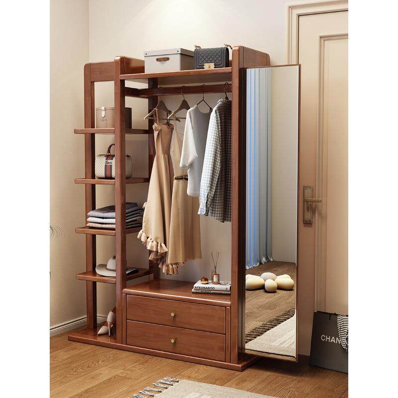 实木挂衣架穿衣镜一体衣帽架带镜子落地卧室全身镜多功能收纳架子