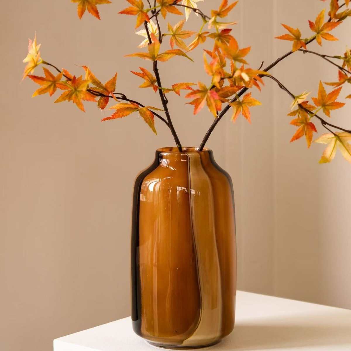 插花花瓶手工棕色风中古养玻璃条纹渐变不规则装饰桌面法式侘水寂