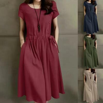 Women's cotton and linen short sleeved round neck lace up